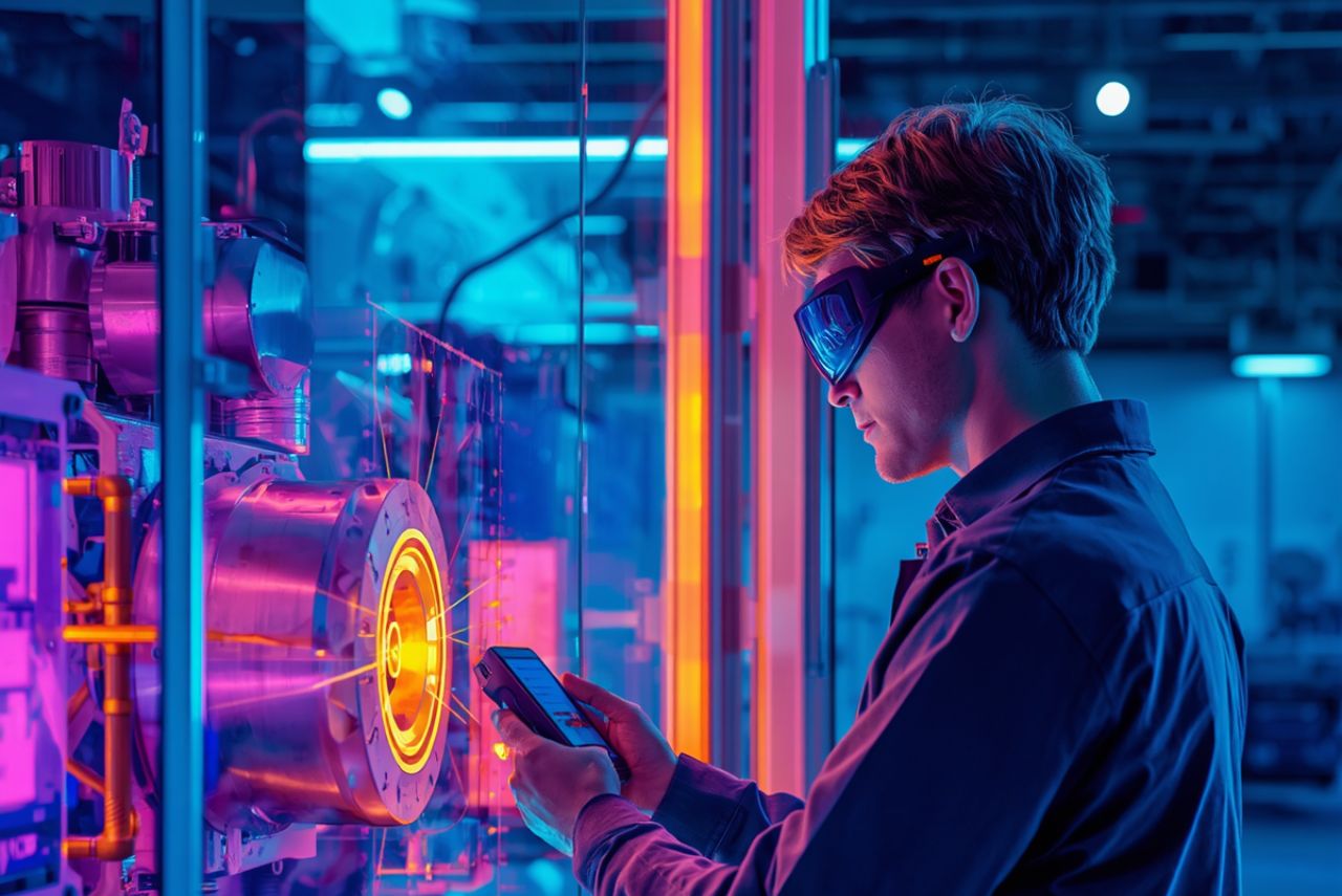 High-quality, realistic photograph showing a specialist technician utilizing professional infrared thermography equipment to detect electrical faults and heat anomalies, showcasing the predictive maintenance services offered by SpotOn General Dealer across the Pretoria and Centurion regions.