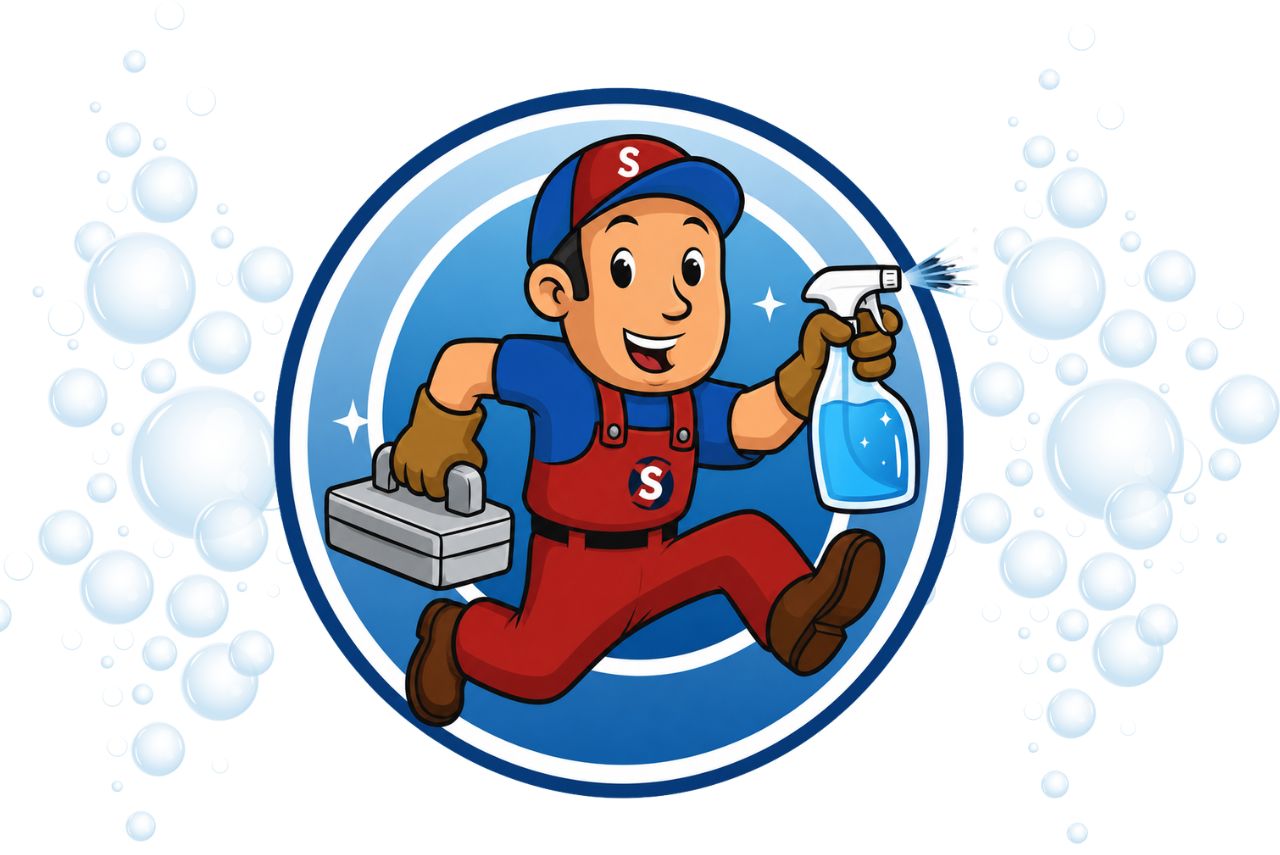 Official SpotOn General Dealer brand logo alongside a friendly professional cleaning mascot character holding a heavy-duty multi-purpose soap bottle.